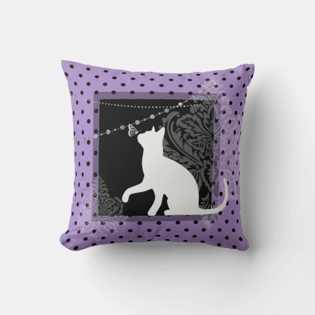 Coussin Violet noir, blanc chat et pois (Recto)