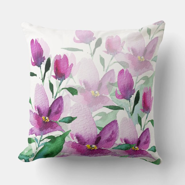 Coussin Violet pourpre aquarelle florale peinte à la main (Recto)