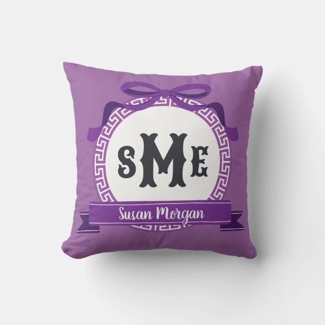 Coussin Violet Pourpre Clé Grecque Inversée Monogramme à N (Recto)