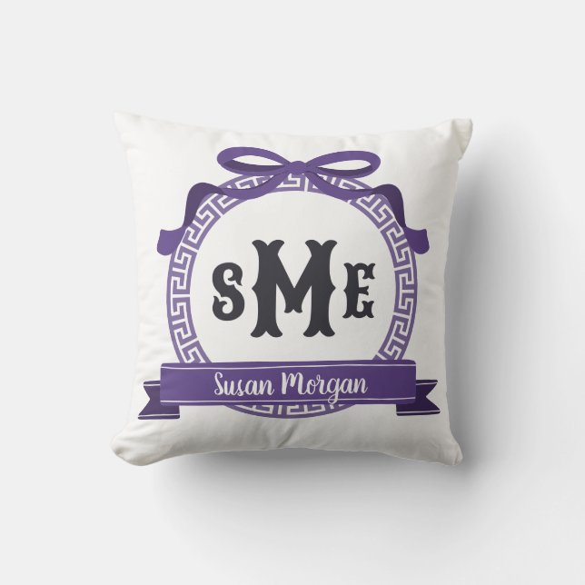 Coussin Violet profond Bruyère Clé grecque Monogramme à nœ (Recto)