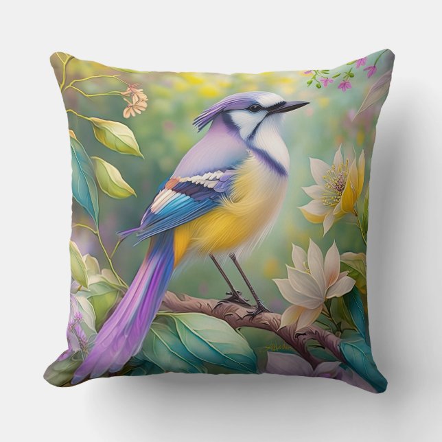 Coussin Violet Tufted Jay Imaginaire Bird (Recto)