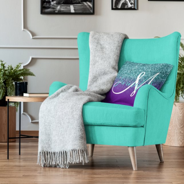 Coussin Violet Violet Pourpre et Ombré Sarcelle Paillettes (Violet Purple and Teal Ombre Glitter Monogram Throw Pillow)