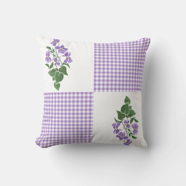Coussin Violettes peintes à la main sur le guingan blanc (Recto)