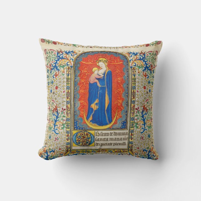 Coussin VIRGIN AVEC ENFANT ET ANGELS Antique Fleurs (Recto)