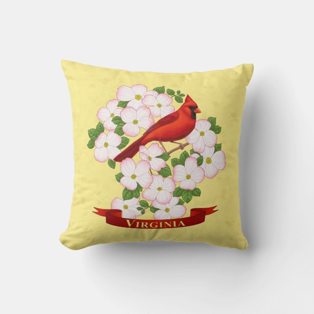 Coussin Virginie State Cardinal Bird and Dogwood Flower (Recto)