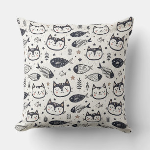 Coussin Visage de Chat Mignon & Motif d'Os de Poisson - De