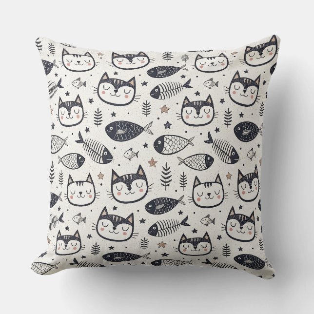 Coussin Visage de Chat Mignon & Motif d'Os de Poisson - De (Recto)