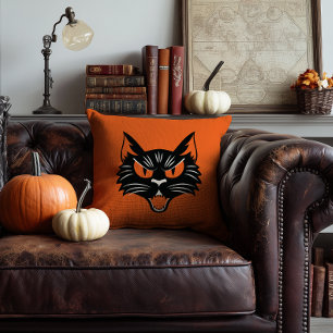 Coussin Visage de chat noir effrayant Halloween orange et