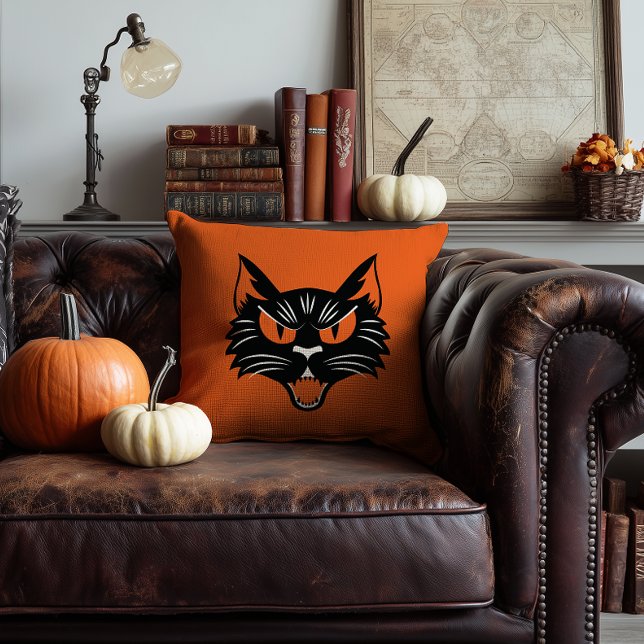 Coussin Visage de chat noir effrayant Halloween orange et  (orange vintage halloween style black cat face pillow)