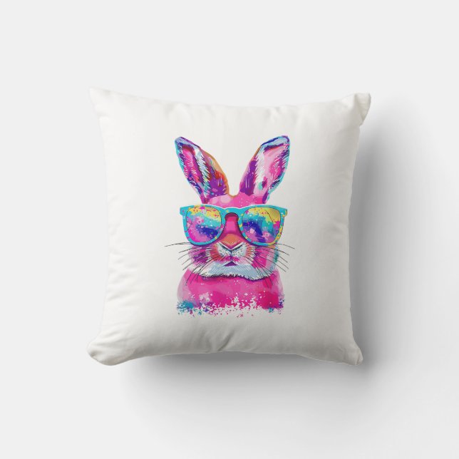 Coussin Visage de lapin avec lunettes Tie Dye Joyeuse fête (Recto)