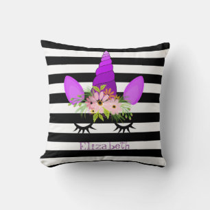 Coussin Visage de Licorne, Couronne Florale, Rayures Perso
