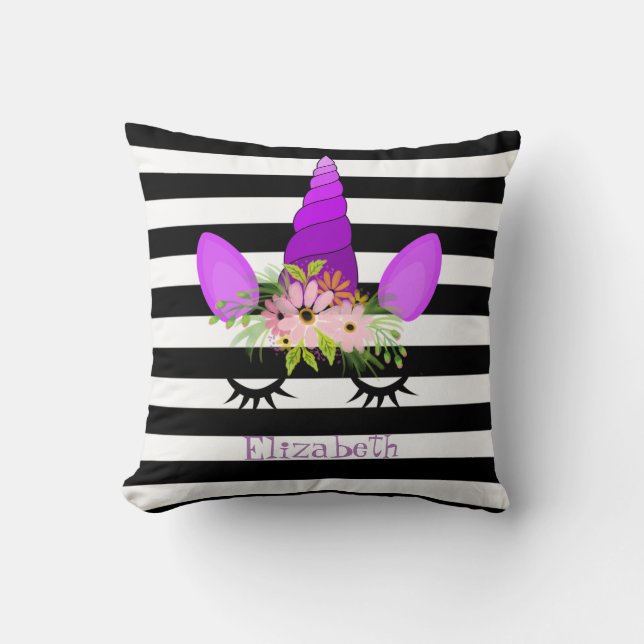 Coussin Visage de Licorne, Couronne Florale, Rayures Perso (Recto)