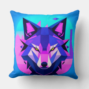 Coussin Visage de loup néon futuriste dans l'art géométriq