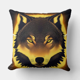 Coussin Visage de Loup Radieux Illuminé par une Lumière Do