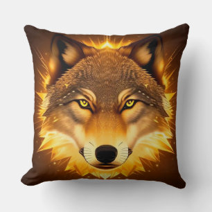 Coussin Visage de Loup Radieux Illuminé par une Lumière Do