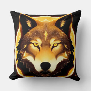 Coussin Visage de Loup Radieux Illuminé par une Lumière Do