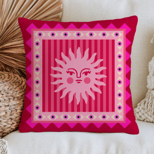 Coussin Visage de soleil bohème rose sur rayures Yeux méch