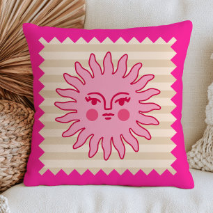 Coussin Visage de Soleil Bohème sur Rayures Beige Rose Fuc