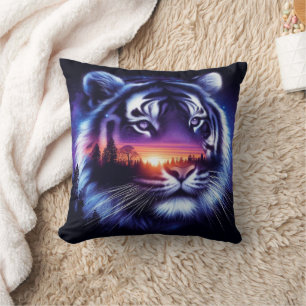 Coussin Visage de tigre et paysage de coucher de soleil Pi