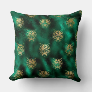 Coussin Visage de Tigre Sauvage Vert et Or Élégant Safari