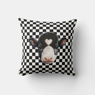 Coussin Visage de vache personnalisé sur motif d'échiquier