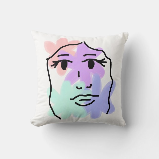 Coussin Visage et fleurs abstrait (couleurs pâles) (Recto)