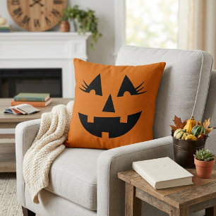 Coussin Visage Féminin de Citrouille Jack-O-Lantern