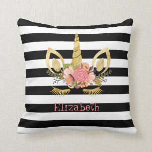 Coussin Visage unicorne, Noir, Grilles blanches Personnali