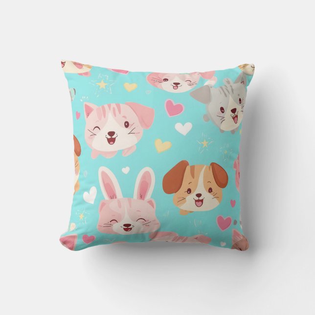 Coussin Visages d'animaux mignons et cœurs pastel (Recto)
