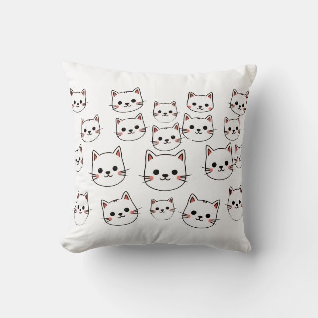Coussin Visages de Chat Kawaii – Motif de Dessin Animé Min (Recto)