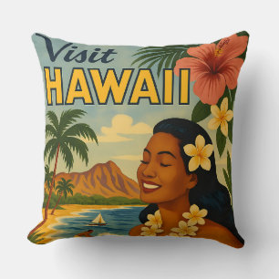Coussin Visite Hawaii Tourisme Art Mid Century
