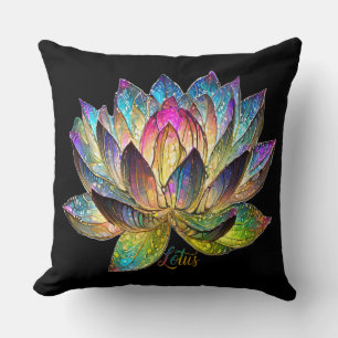 Coussin Vitrail Fleur de Lotus Colorée sur Fond Noir