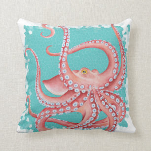 Coussin Vitrail rouge octopus Turquoise