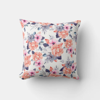 Coussin Vivant corail rose violet aquarelle jetée florale 