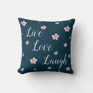 Coussin Vivez, Aimez, Riez ~ Bleu Royal - Fleurs Roses