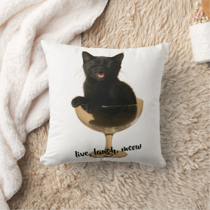 Coussin Vivez, Riez, Miaou - Chat noir drôle