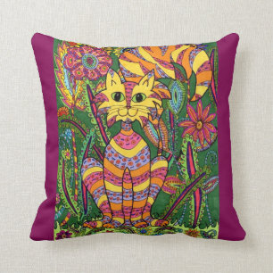 Coussin Vivid Garden Chat 2 avec Arrière - plan violet