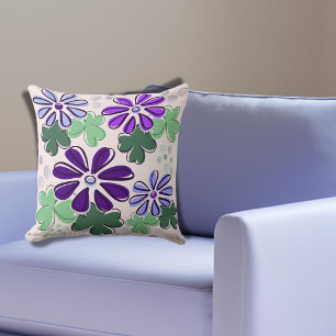 Coussin Vivid vert et violet trèfle et Doodle de fleurs