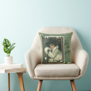 Coussin Vœux de Nouvel An vintage, fenêtre de jeune fille 