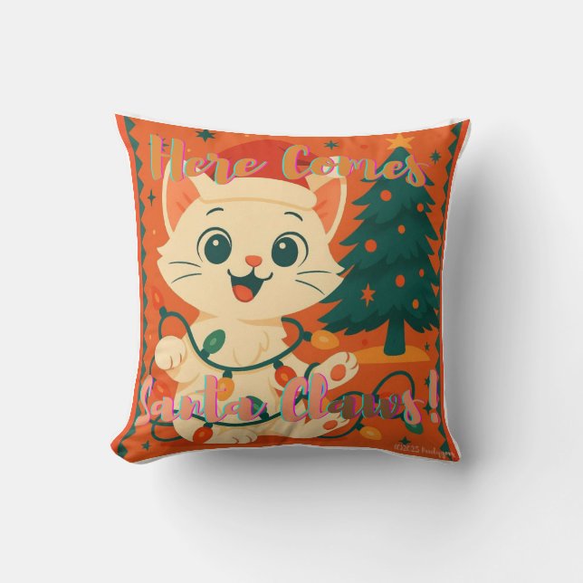 Coussin Voici venir Santa Claws! Drôle de chat de Noël (Recto)