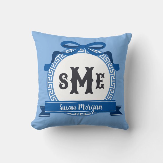 Coussin Voile Clair Bleu Clé Grecque Inversée Monogramme à (Recto)