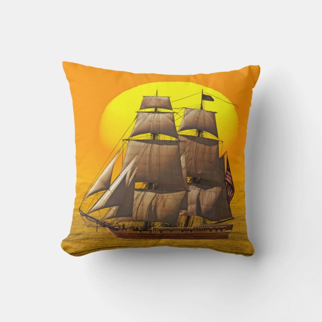 Coussin Voiles américaines de frégate au coucher du soleil (Recto)