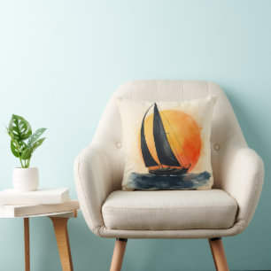 Coussin Voilier à l'aquarelle au coucher du soleil