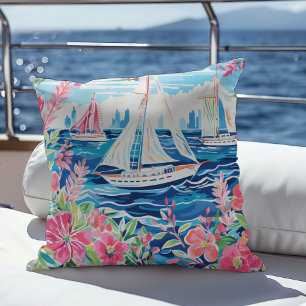 Coussin Voiliers à l'aquarelle Paysage urbain floral rose 