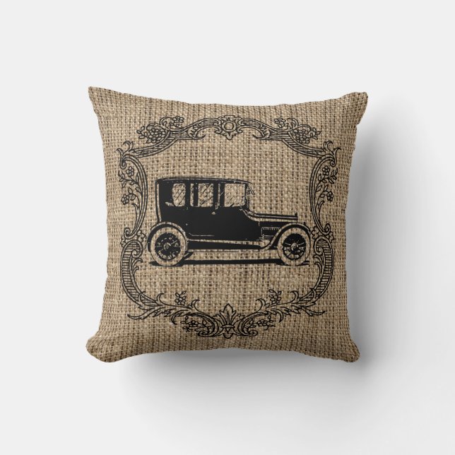 Coussin Voiture ancienne en toile de jute (Recto)