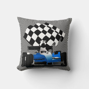 Coussin Voiture Blue Race avec drapeau À damiers