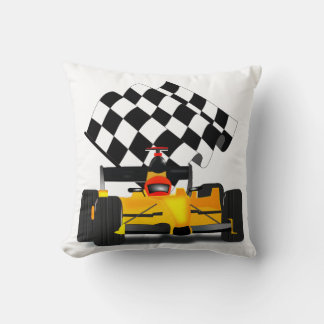 Coussin Voiture de course jaune avec drapeau À damiers