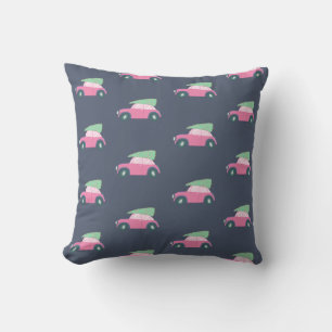 Coussin Voiture rose mignonne avec arbre de Noël en aquare
