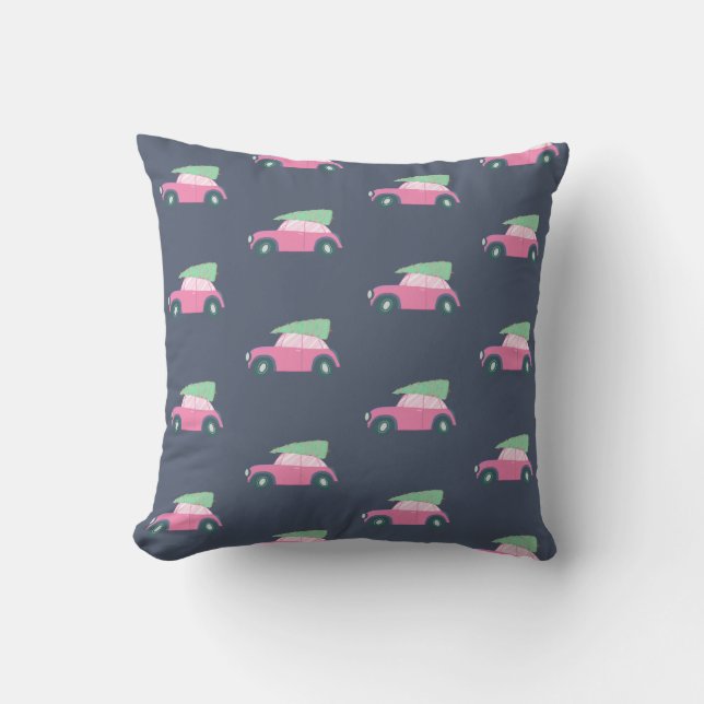 Coussin Voiture rose mignonne avec arbre de Noël en aquare (Recto)