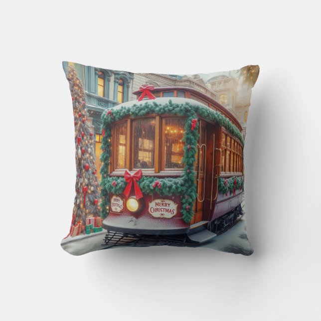 Coussin Voiturette de Noël Vintage en Neige (Recto)
